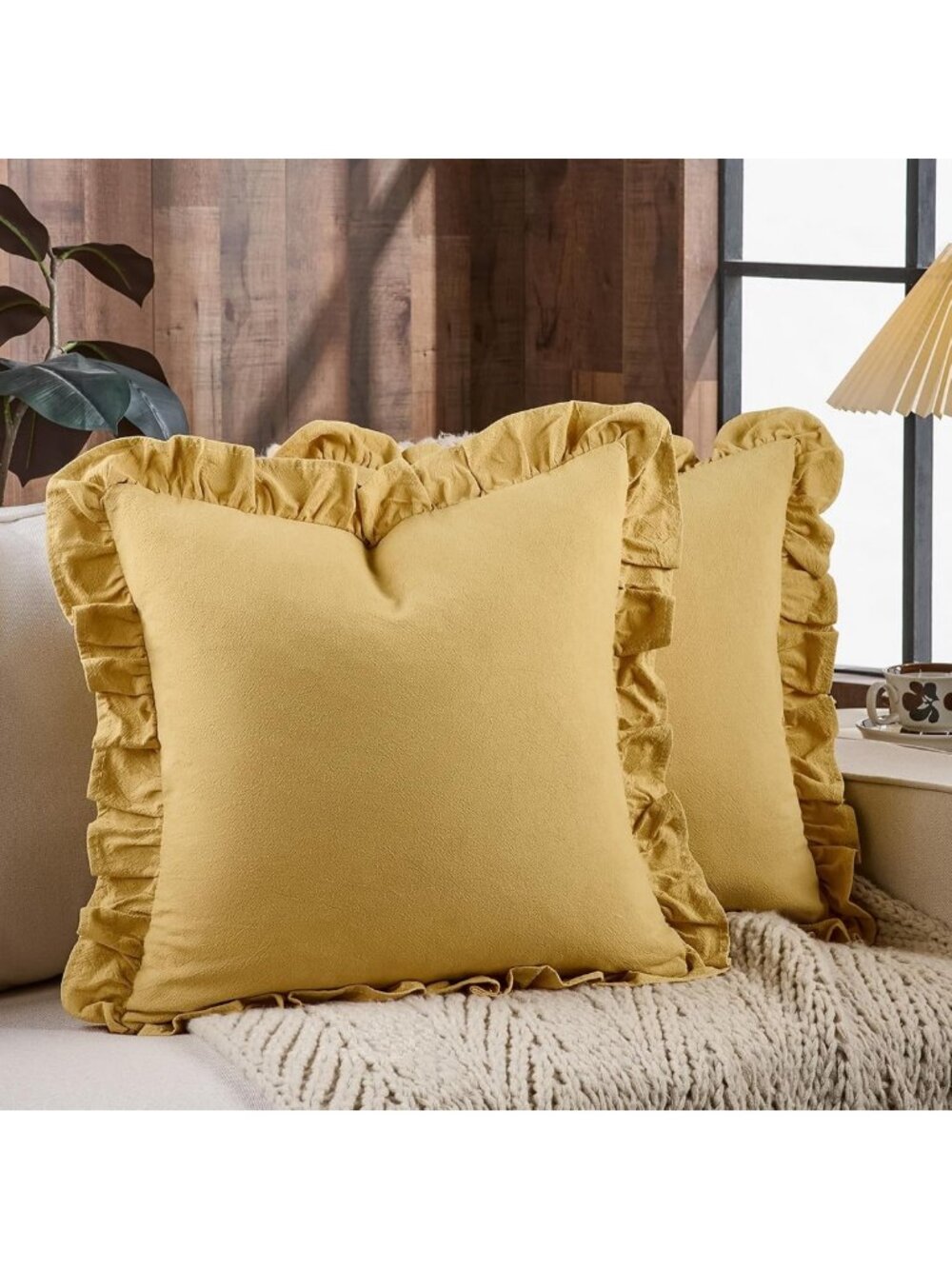 Set of 2 Ruffle Throw Pillow Covers, 100% Cotton, Decorative Cushion Cases